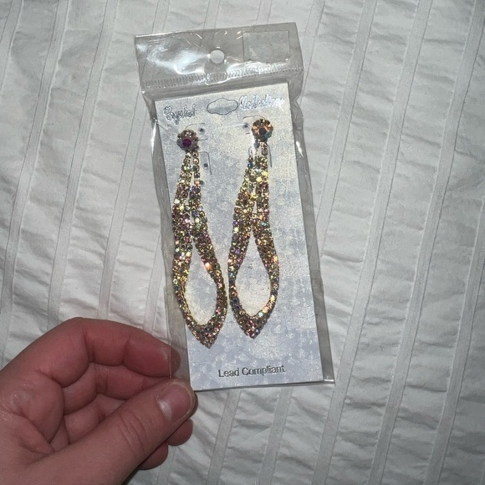 New Crystal Collection yellow gold colored bedazzled long earrings